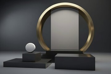 golden arc podium display set. Product promotion Beauty cosmetic, 3D render.
