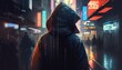 © dhansu - Rainy Nighttime dystopian art in the style of cyberpunk desktop background. Cloudy and depressing, the future holds nothing but rain and darkness. Generative AI
