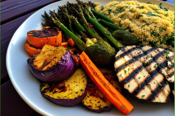 Grilled vegetables with side of quinoa, concept of Healthy Eating and Plant-Based Diet, created with Generative AI technology