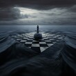 the chessboard floats in the middle of the sea game matt finish pieces checkered hobby water red block gathering storm clouds on the rock just one figure dummy puppet  Generative AI
