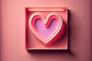 Canvas Print - Happy Valentine's Day design element neon light heart sign banner with space for text on pink pastel colored wall background with shadow. Generative AI