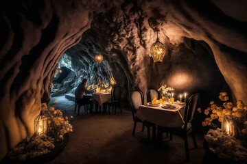 Luxury apartment inside a cave, concept of Exotic Ambience and Opulence, created with Generative AI technology