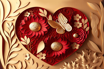 Wall Mural - Red and gold background with hearts and flowers. AI