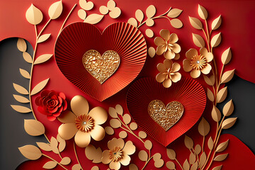 Wall Mural - Red and gold background with hearts and flowers. AI