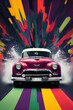 Vintage retro car with colored streaks of paint in the background