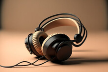 Stylish, contemporary black headphones in a beige background. Generative AI
