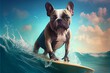 French bulldog, floating on a surfboard in the waves