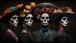 Dia de los muertos, Mexican holiday of the dead and halloween. Five women with sugar skull make up and flowers. generative AI