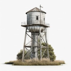 Small town rural water tower with trees isolated on a white background, generative ai