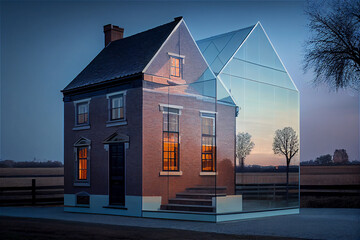 Traditional house with a transparent glass outbuilding, generative AI