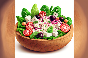 Wall Mural - Healthy salad in a wooden bowl with green leaves, red cabbage, tomatoes, radish, and pieces of mozarella cheese. Generative AI