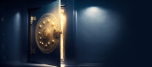 Gold Safe Deposit With Bitcoin Logo. Concept Symbol Of Cryptocurrency Safety In Internet Blockchain Virtual. Copy Space Banner. Generation AI