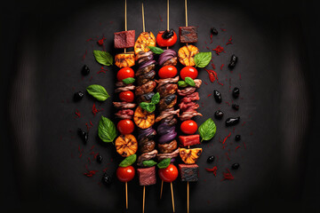 Wall Mural - Meat with seasonings on skewers, shashlik raw beef veal shish kebab. the color black a top view. Generative AI