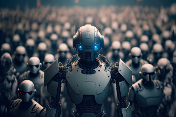 A robot in front of a crowd of robots. The robotic army of the future concept. Rise of the machines idea. Created with Generative AI technology.