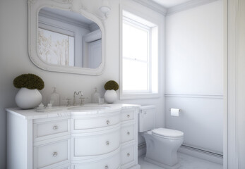 Canvas Print - White bathroom interior with a dresser and toilet bowl. Generative AI