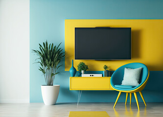 Poster - Sofa in front of the TV in yellow and blue living room. The concept of viewing movies and TV shows online with the whole family. . Generative AI
