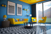Chevron Interior Living Room With Blue Yellow Furnishings And A Black White Chevron Floor. Generative AI