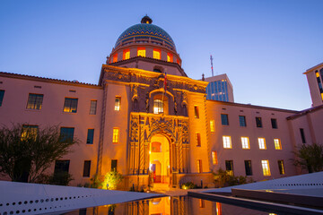 Wall Mural - Pima County Courthouse at sunrise, the building was built in 1930 with Spanish Mission Revival style on 115 N Church Street in downtown Tucson, Arizona AZ, USA. 