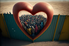 Welcome Culture Or Society, A High Wall Heart With Entrance To A Dead End, Mass Gathering. Generative AI