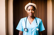 a portrait photo of a African female Nurse in outfit - Generative AI, fictitious person