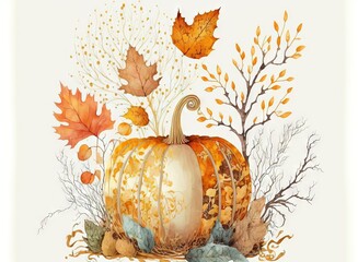 Wall Mural - Beautiful autumn decorations in the form of a watercolor fall pumpkin arrangement, isolated on a white background White pumpkin in anime style watercolor with yellow and orange dried leaves and tree b