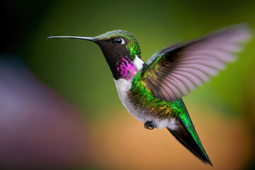 Fly detail, wing motion. Hummingbird, White bellied Woodstar, with a bright green background. Tandayapa, Ecuador born bird Hummingbird in flight in a tropical forest. Generative AI