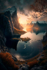 Canvas Print - Beautiful sunset in the lake surrounded by mountains generative AI