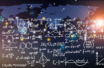 Mathematical equations on dark map background