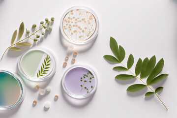 Cosmetics on petri dishes against a white background. Dermatology science cosmetic laboratory, top view. Organic skin care products, cosmetic research, and natural medicine. banner and copy space
