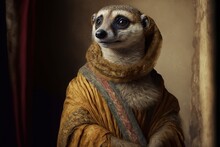 Created With Generative AI Technology. Portrait Of A Meerkat In Renaissance Clothing