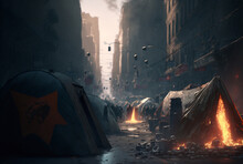 Tents On A Side Street In A Dirty City, Fictional Place. Generative AI