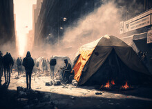 Tents On A Side Street In A Dirty City, Fictional Place. Generative AI