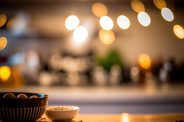 Poster - fuzzy background Bokeh light in a contemporary kitchen. Generative AI