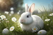 Bilder für die Osterferien. Niedliches weißes Kaninchen im Gras auf einer Blumenwiese an einem sonnigen Tag.