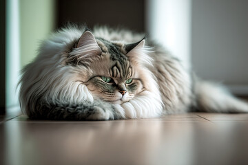 Poster - An image of a green eyed Siberian cat sleeping on the floor at home. Purebred fluffy cat with long fur and straight ears. Background, close up, and copy space. Cute idea for a domestic pet. Generative