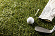 White glove, tee, golf ball and golf club on grass with copy space