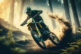 Fototapeta  - Extreme Motocross MX Rider riding on dirt track ,forest one the background ,Generative ai