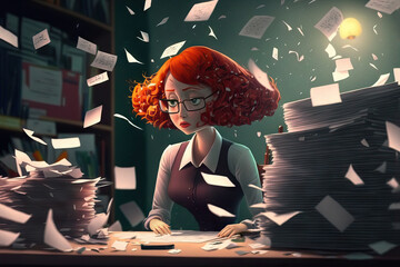 Red hair accountant or manager tired at work desk, mess on the table, stacks of papers, a lot of paperwork. Concept of workload, problem of overwork and stress at work, in the office. Generative AI