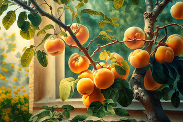 Wall Mural - On a sunny summer day, a large apricot tree in the garden was bearing fruit. organic fruit wholesome food mature apricots. Generative AI