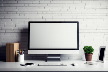 Poster - A creative designer's workspace in a stylish brick setting with a blank computer screen. design and way of life idea. a mockup. Generative AI