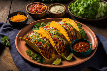 Wall Mural - On a platter are Mexican tacos with ground beef, beans, and spices. Generative AI