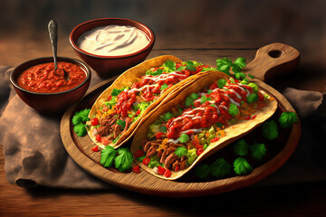 Poster - beef tacos from Mexico served with salsa and tomato sauce. Generative AI