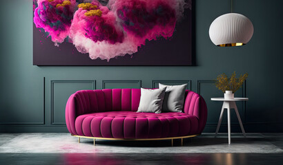 Sticker - Living room lounge area or reception with couch and poufs. Dark room empty walls background painting. Mockup for art. Pink crimson sofa and white chair. Modern interior design home. Generative AI