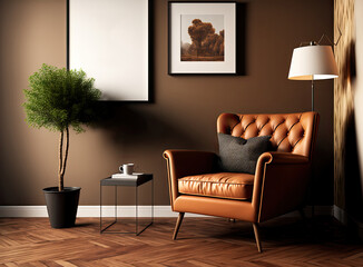 Wall Mural - Warm toned living room interior wall mockup, armchair on wooden flooring. Generative AI