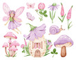 Magical kids set.Elf,flower house,snail,mushroom,butterfly.Vintage fairy