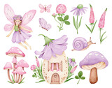 Magical kids set.Elf,flower house,snail,mushroom,butterfly.Vintage fairy