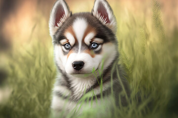 Poster - Siberian husky puppy on grass, adorable. Generative AI