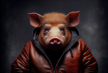Generative AI:  A Pig Wearing A Jacket And Shirt In A Photo Studio Background