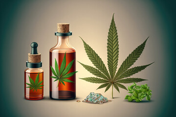 Sticker - cannabis, Cannabis oil used for therapeutic purposes. Cannabis leaves and herb for medical purposes. Cannabis (marijuana) oil for medical use. Generative AI