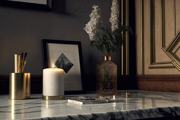 Poster - A close up of a straightforward office setting with a marble desk, a frame, a candle, and a vase. Generative AI